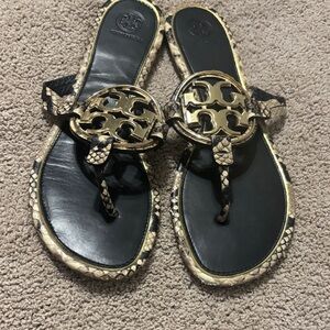 Tory Burch Black and Gold Snakeskin Sandals